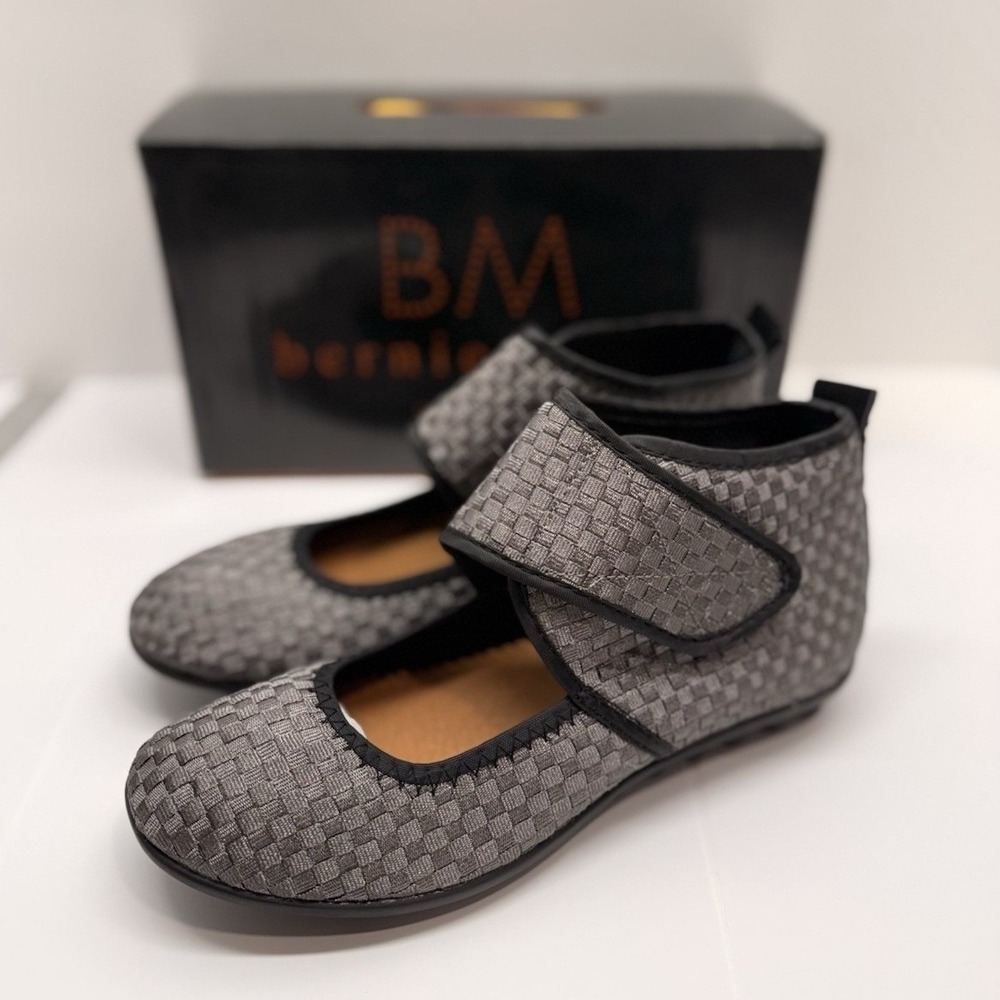 Bernie Mev Gunmetal Woven Mary Jane Flats Adjustable Strap Round Toe EU 38